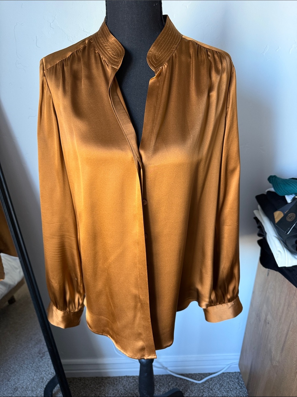 Worn once L'AGENCE Silk Mandarin Collar Blouse in Golden Brown